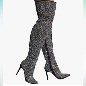 All Over Diamond Rhinestone Stripe Front Slouchy Thigh High Stiletto Boots